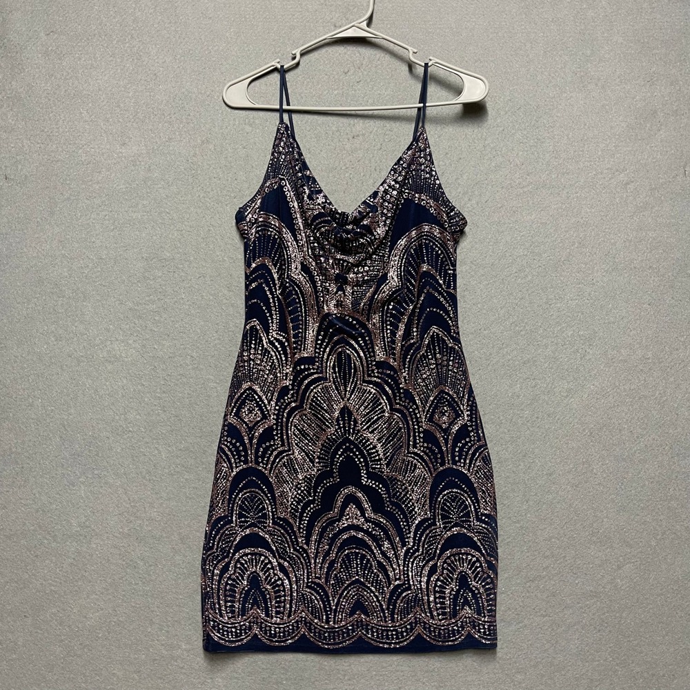 Jump Apparel Dress Women Medium Navy Blue Rose Gold Glitter Art Deco Made in USA